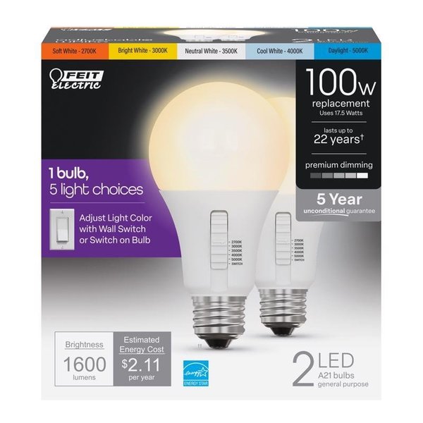 Feit Electric A21 E26 Medium LED Bulb Tunable White/Color Changing 100 Watt Equivalence 2 pk OM100DM/6WYCA/2